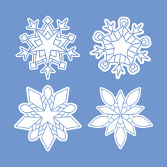 Set of four outlined geometric snowflake icons on a light blue background. Collection for winter, Christmas, clipart, stickers, festive decor, teaching materials, web, cards.