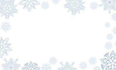 Background vector with a square frame made of white snowflakes. Festive winter border for holiday invitations, Christmas cards, posters, web, and seasonal design