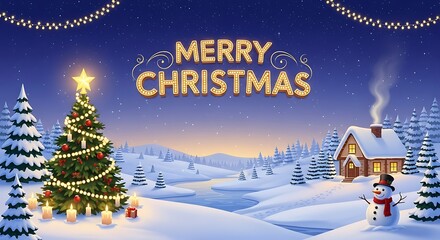 Magical Christmas Eve scene with Christmas tree snowman and snowy landscape