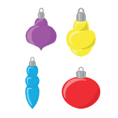 Set of four cartoon Christmas ornaments: magenta drop bauble, yellow droplet, blue icicle, and red round ball. Festive vector for seasonal decor, cards, crafts, kids design, and web
