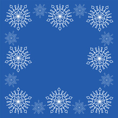 Blue background  with a square frame made of white snowflakes. Festive winter border for holiday invitations, Christmas cards, posters, web, and seasonal design