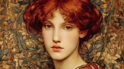 Young Woman with Curly Red Hair in Artistic Portrait on Textured Background