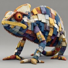Colorful Geometric Chameleon Sculpture Made of Wooden Blocks on Gray Background