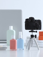 Fototapeta premium Modern clean studio product photoshoot for ecommerce showcases cosmetics.