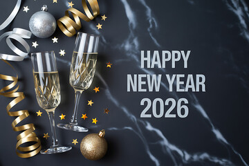 festive 2026 celebration with gold text, champagne flutes, and marble texture