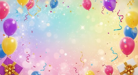 Celebration background with colorful balloons gifts confetti and festive atmosphere
