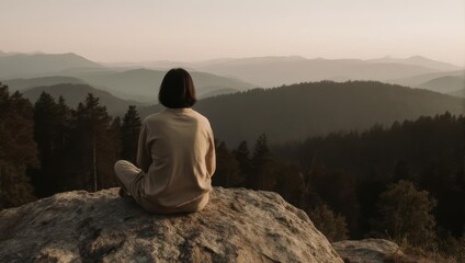 A person sits in meditation, atop a rocky summit, overlooking a misty mountain range