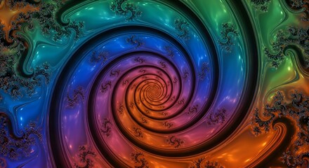 Colorful fractal spiral resembling a tunnel or vortex with vibrant gradients of blue, green, orange, and red hues, creating a mesmerizing and hypnotic visual effect