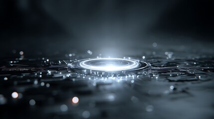 A sleek, futuristic digital platform with a glowing, circular interface and a reflective, metallic surface, set against a dark, industrial background.