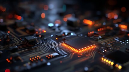A complex electronic circuit board with intricate wiring and glowing orange lights, set against a dark background.