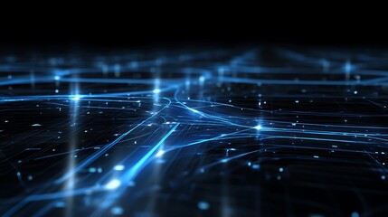 A digital landscape with glowing blue lines and dots, representing data and information flow, set against a dark background.