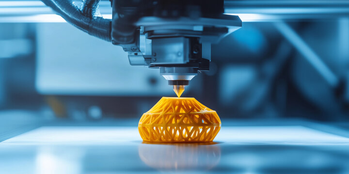 3D printer creating intricate orange object on a clean workspace  