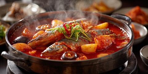 Spicy fish stew served in a traditional pot with herbs and spices  