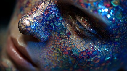 A person with a glittering, iridescent face mask, possibly a mask used for a masquerade or theatrical performance.