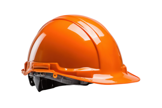 Bright orange hard hat safety helmet with adjustable strap on black background image