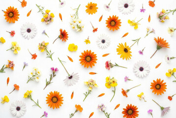 Obraz premium Colorful Spring Flower Pattern Flat Lay Isolated on White Background