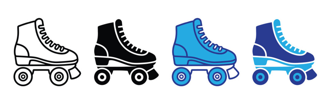 Four roller skate icons in outline, black, blue, and dark blue, isolated on white for sports and recreation themes