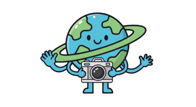 Cute Cartoon Earth Planet with Camera and Rings.