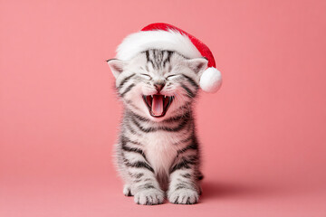 Cute Christmas Cat Portrait on Solid Background