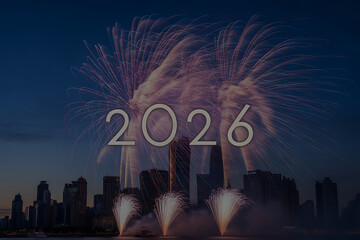 metropolitan happy new year 2026 background with fireworks and skyline silhouette