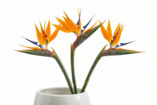 Three Bird of Paradise Flowers in Vase Isolated on White Background