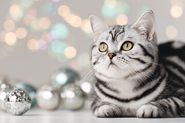 Cute Christmas Cat Portrait on Solid Background