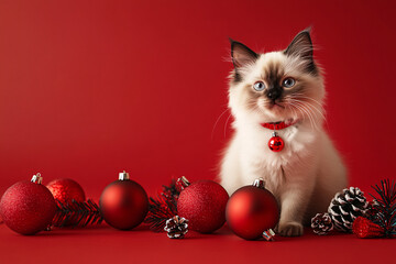 Cute Christmas Cat Portrait on Solid Background