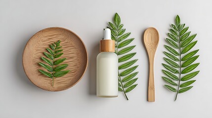 A white glass bottle with a bamboo cap and green leaves, placed on a wooden plate with a wooden spoon and a bamboo bowl, against a light background.