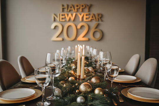 elegant happy new year 2026 dinner table setting with gold decor and festive centerpiece