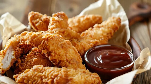 Crispy fried chicken tenders with BBQ sauce, served in bowl