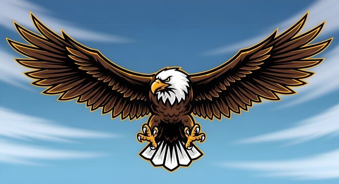Majestic bald eagle soaring through a clear blue sky with outstretched wings in a powerful flight illustration