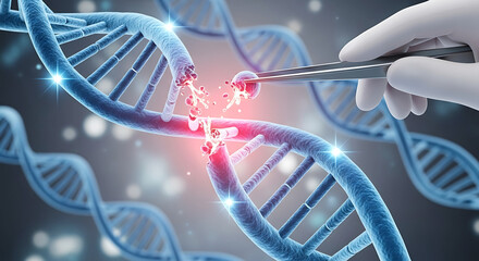 Closeup of a dna strand being manipulated with tweezers, representing genetic engineering and biotechnology