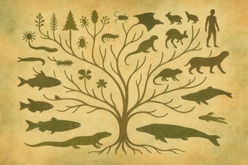 Visual representation of evolutionary connections illustrating diverse species on a tree of life with intricate detailing showcasing the relationship among flora and fauna evoking nature's
