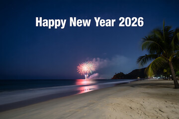 tropical happy new year 2026 background featuring starry sky and palm trees