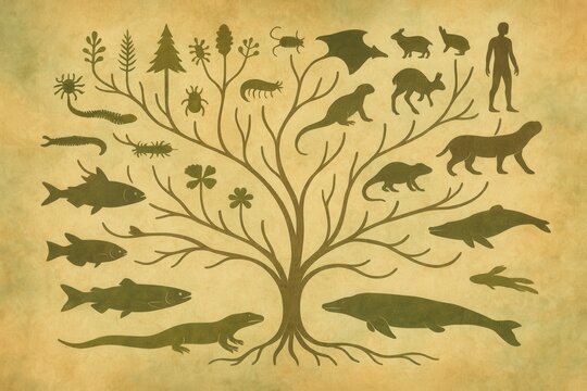 Visual representation of evolutionary connections illustrating diverse species on a tree of life with intricate detailing showcasing the relationship among flora and fauna evoking nature's
