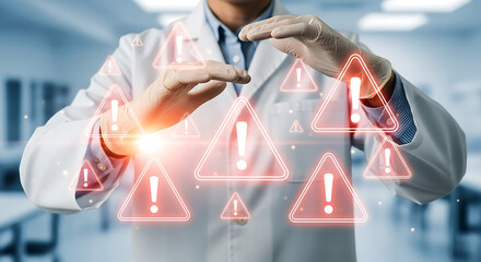 Doctors hands gesturing towards glowing red warning triangles, symbolizing risk and caution