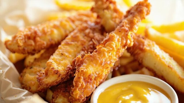 Crispy fried chicken tenders with crinkle-cut fries and side of honey mustard dip