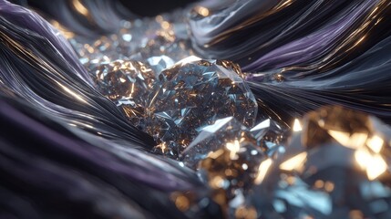 Abstract Geometric Digital Art With Metallic Crystals And Flowing Fabrics
