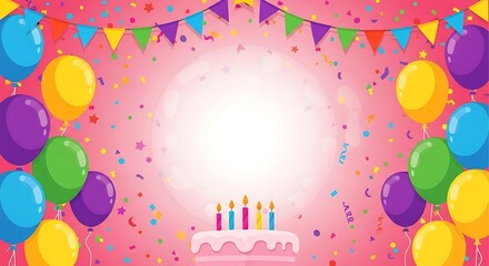 Festive birthday celebration background with cake balloons and colorful decorations