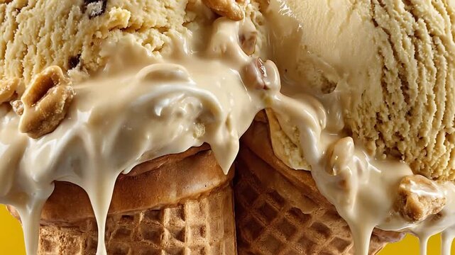 Melting Caramel Peanut Ice Cream Scoops Dripping Down Waffle Cones on a Bright Yellow Background