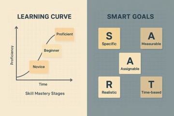 Visual representation of learning curve stages and goal setting framework highlighting proficiency growth and SMART goals for personal development and productivity enhancement