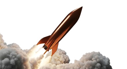 A retro-style rocket launches powerfully, propelled by billowing smoke on a white background.