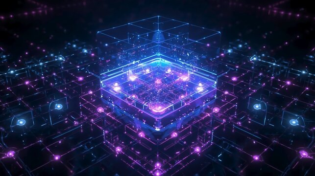 Dynamic digital network with glowing nodes for modern tech concepts, futuristic data visualizations, perfect for AI, blockchain, and cutting-edge innovation