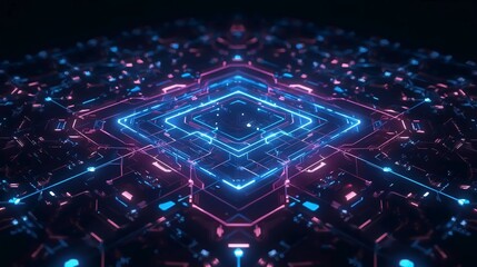 Obraz premium Futuristic technology grid with vibrant neon glows, perfect for modern digital art, cyberpunk themes, and innovative tech designs bringing a creative edge