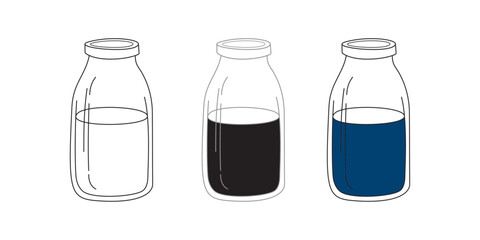 Minimalist Vector Illustration of Three Bottles with White, Black and Blue Liquid