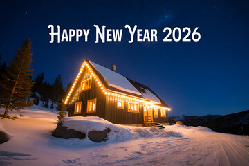 peaceful new year's eve 2026 with illuminated cabin and starry night sky
