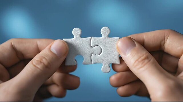 A close-up of two hands joining two white puzzle pieces against a blurred blue backdrop