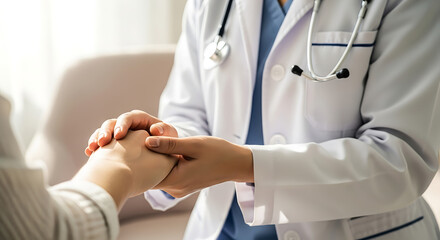 Doctor holding a patients hand with care and empathy, symbolizing medical support, compassion, and healing