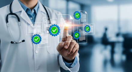 Doctor touching a digital interface with checkmarks and documents, representing medical quality assurance and compliance
