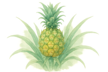 Pineapple fruit illustration with green leaves, painting a tropical healthy food concept on a transparent background